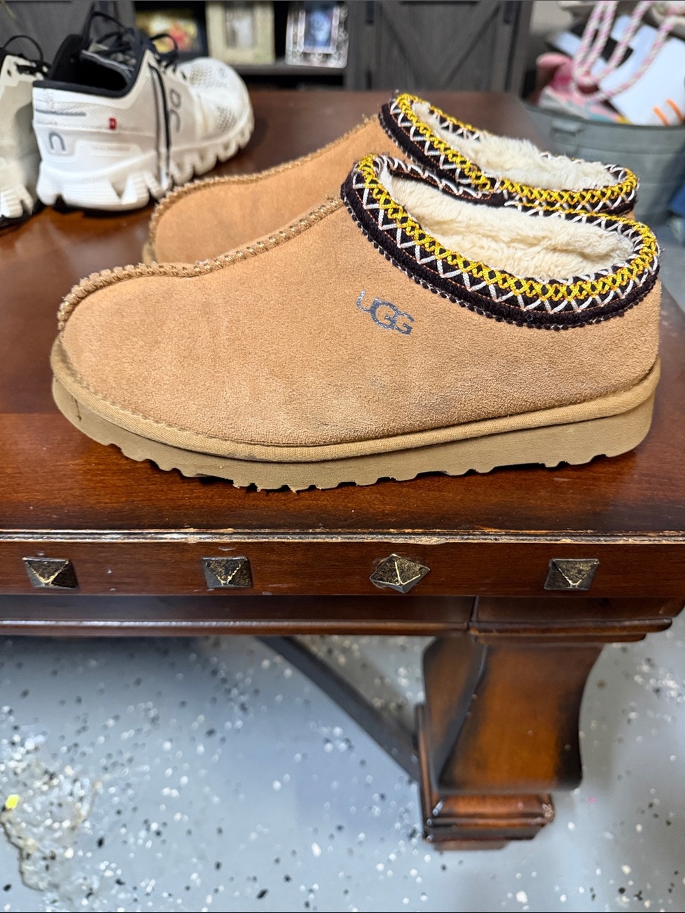 UGG Chestnut Suede Shearling-Lined Slip-On Clogs with Embroidered Trim